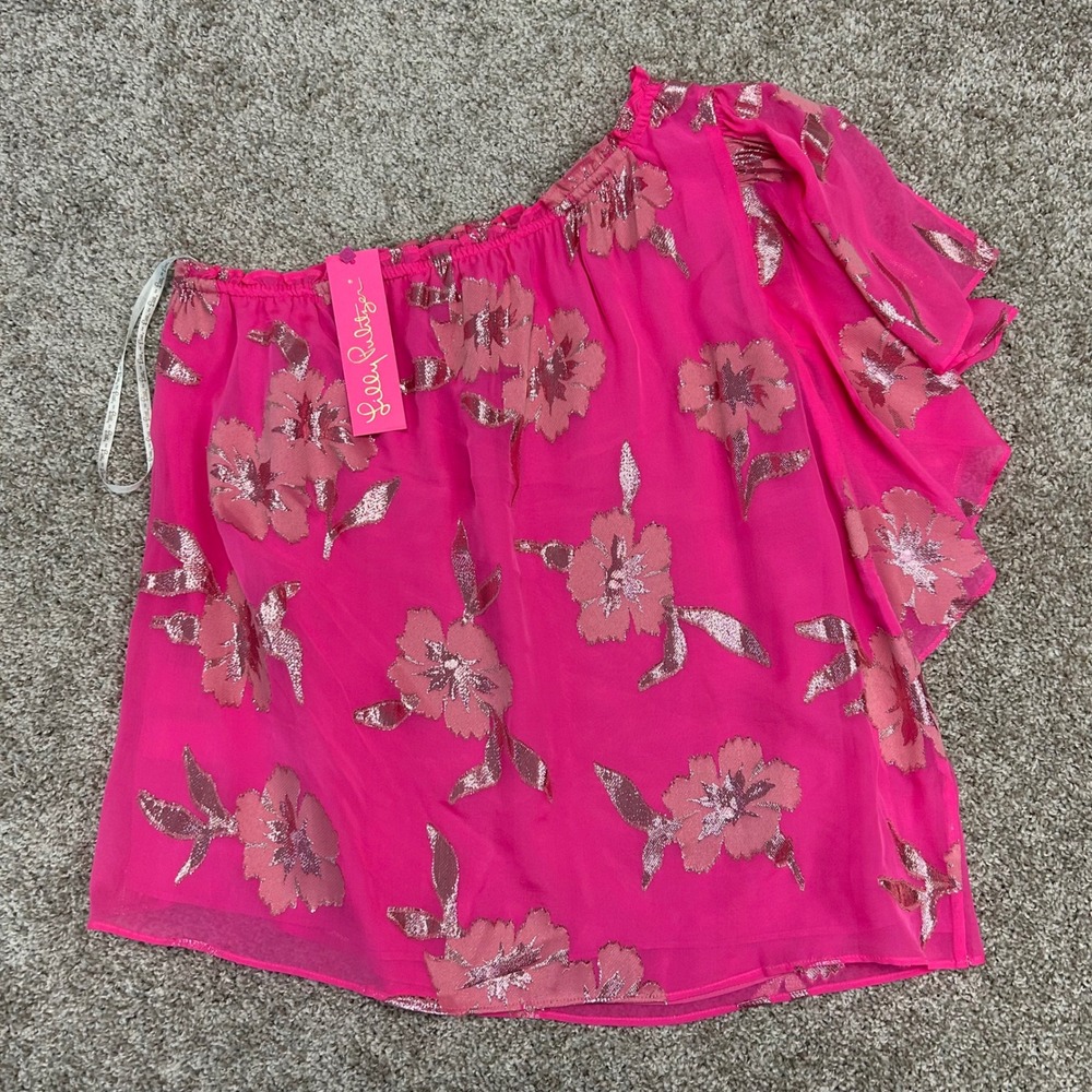 NWT Lilly Pulitzer Sarahleigh One Shoulder Top‎ Roxie Pink Women Size Large Silk - Picture 9 of 9